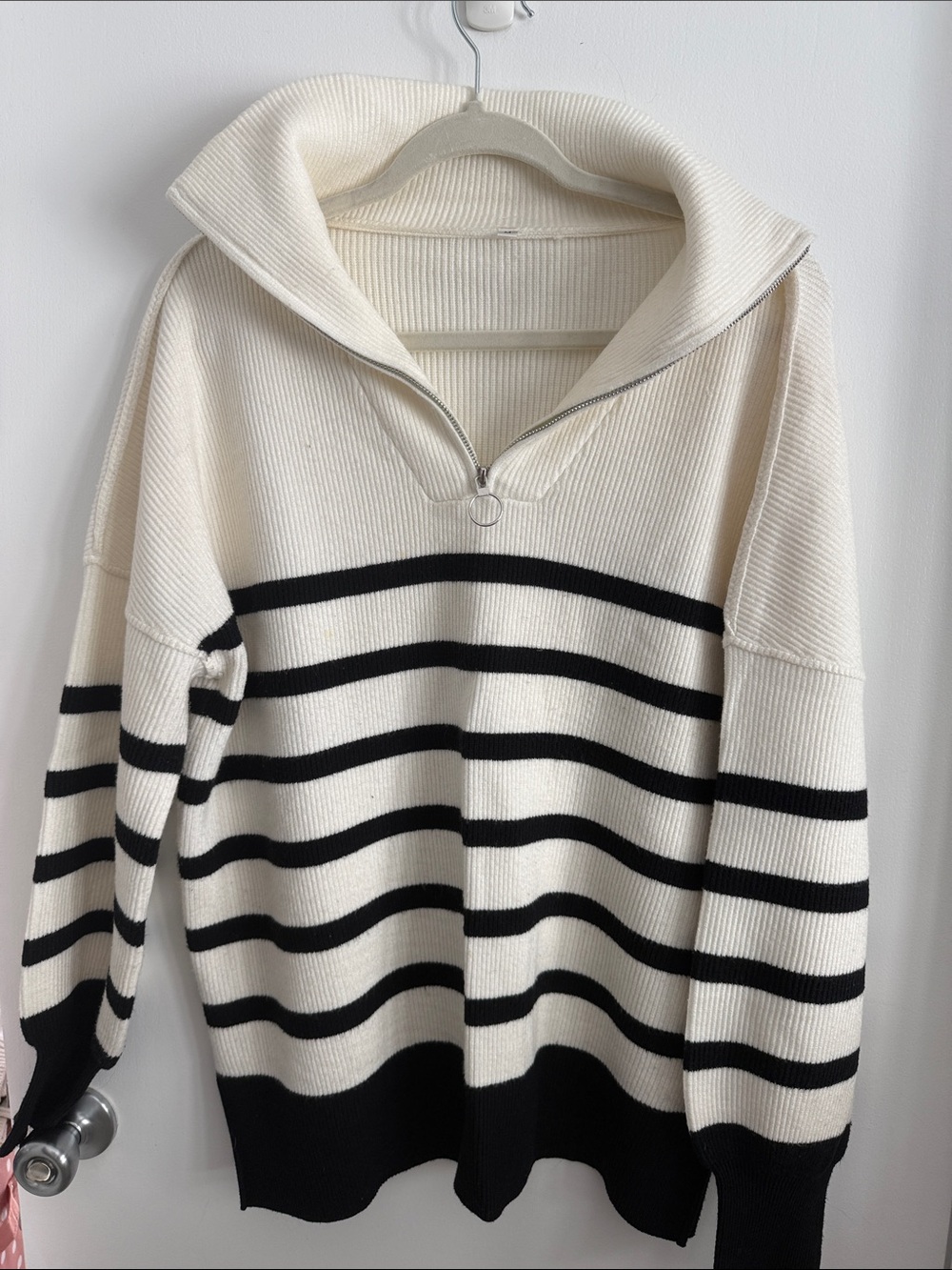 Striped Cream & Black Half-Zip Sweater